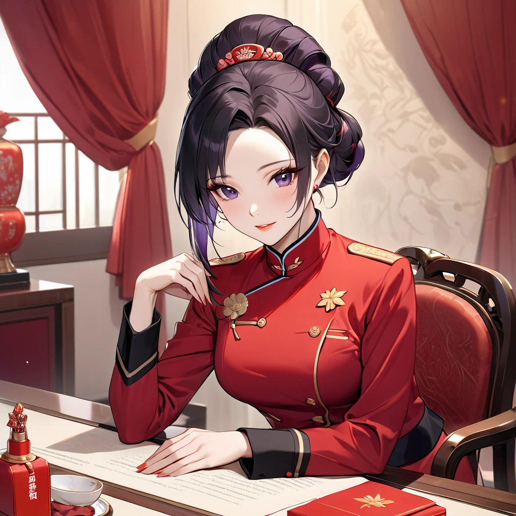 ((Highest quality)), ((masterpiece)), (detailed), （Perfect Face）、The woman is a Chinese woman named Kocho Shinobu.。, Purple gradient bob black hair and formal evening hairstyles. She is wearing an engagement ring. She is a prominent member of the Chinese Communist Party.、She is the honored wife of a great old Communist Party cadre.、The woman is beautifully dressed in the gorgeous and glamorous red Communist Party uniform that is typical of the Chinese Communist Party.、An elegant Chinese lady in a posh room、A woman is a wonderful Chinese lady who loves and devotes herself to her husband, a good wife and mother, and the supreme joy of serving her husband and China is the absolutism of the Chinese Communist Party.