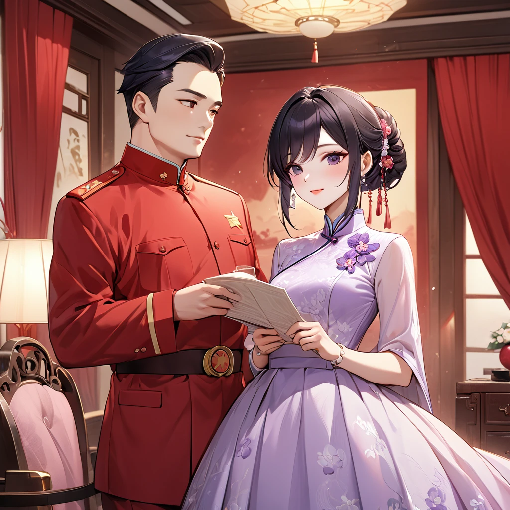 ((Highest quality)), ((masterpiece)), (detailed), （Perfect Face）、The woman is a Chinese woman named Kocho Shinobu.。, Purple gradient bob black hair and formal evening hairstyles. She is wearing an engagement ring. She is a prominent member of the Chinese Communist Party.、She is the honored wife of a great old Communist Party cadre.、The woman is beautifully dressed in the gorgeous and glamorous red Communist Party uniform that is typical of the Chinese Communist Party.、An elegant Chinese lady in a posh room、A woman is a wonderful Chinese lady who loves and devotes herself to her husband, a good wife and mother, and the supreme joy of serving her husband and China is the absolutism of the Chinese Communist Party.