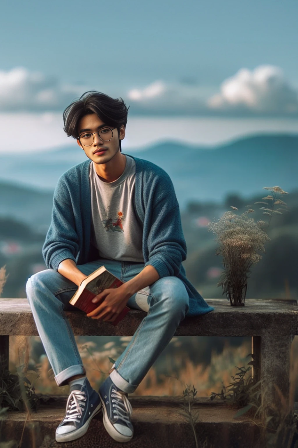 there is a man sitting on a bench reading a book, high quality portrait, portrait shot, male ulzzang, photo portrait, mid shot portrait, aesthetic portrait, dramatic reading book pose, fanart, color portrait, book portrait, perfect portrait composition, relaxed pose, asian male, high quality image, casual pose, inspired by Kim Eung-hwan