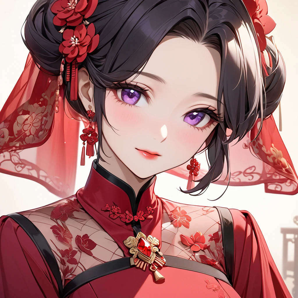 ((Highest quality)), ((masterpiece)), (detailed), (Perfect Face)、The woman is a Chinese woman named Kocho Shinobu.。, Purple gradient bob black hair and formal evening hairstyles. She is wearing an engagement ring. She is a prominent member of the Chinese Communist Party.、She is the honored wife of a great old Communist Party cadre.、The woman is beautifully dressed in a gorgeous, almost see-through red dress and a see-through red veil.、An elegant Chinese lady in a posh room、A woman is a wonderful Chinese lady who loves and devotes herself to her husband, a good wife and mother, and the supreme joy of serving her husband and China is the absolutism of the Chinese Communist Party.