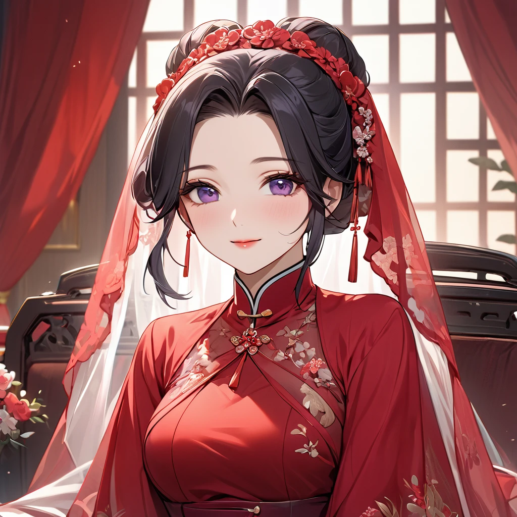 ((Highest quality)), ((masterpiece)), (detailed), (Perfect Face)、The woman is a Chinese woman named Kocho Shinobu.。, Purple gradient bob black hair and formal evening hairstyles. She is wearing an engagement ring. She is a prominent member of the Chinese Communist Party.、She is the honored wife of a great old Communist Party cadre.、The woman is beautifully dressed in a gorgeous, almost see-through red dress and a see-through red veil.、An elegant Chinese lady in a posh room、A woman is a wonderful Chinese lady who loves and devotes herself to her husband, a good wife and mother, and the supreme joy of serving her husband and China is the absolutism of the Chinese Communist Party.