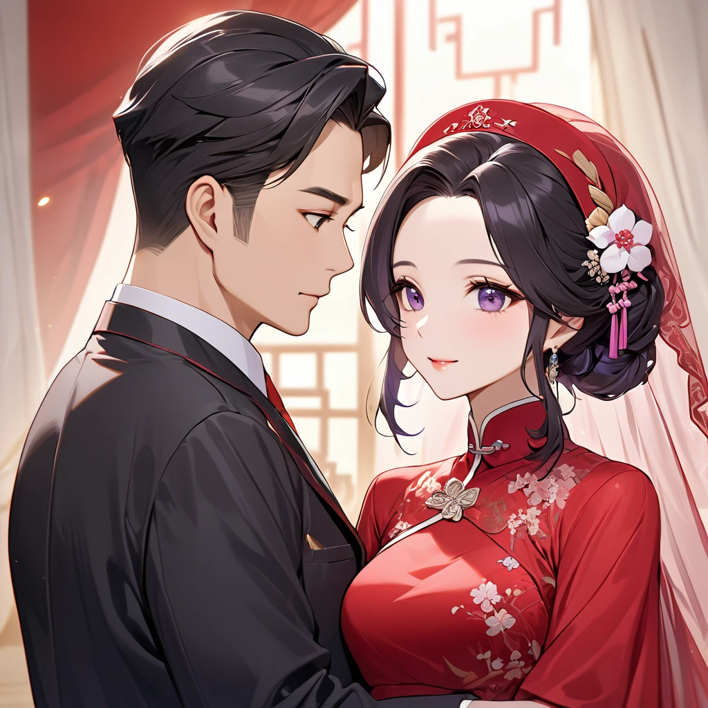 ((Highest quality)), ((masterpiece)), (detailed), (Perfect Face)、The woman is a Chinese woman named Kocho Shinobu.。, Purple gradient bob black hair and formal evening hairstyles. She is wearing an engagement ring. She is a prominent member of the Chinese Communist Party.、She is the honored wife of a great old Communist Party cadre.、The woman is beautifully dressed in a gorgeous, almost see-through red dress and a see-through red veil.、An elegant Chinese lady in a posh room、A woman is a wonderful Chinese lady who loves and devotes herself to her husband, a good wife and mother, and the supreme joy of serving her husband and China is the absolutism of the Chinese Communist Party.