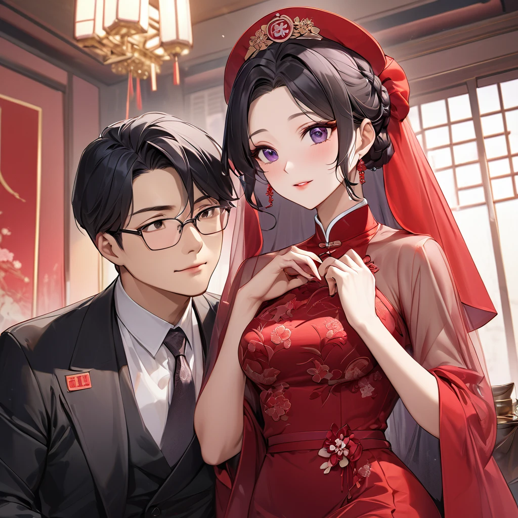 ((Highest quality)), ((masterpiece)), (detailed), (Perfect Face)、The woman is a Chinese woman named Kocho Shinobu.。, Purple gradient bob black hair and formal evening hairstyles. She is wearing an engagement ring. She is a prominent member of the Chinese Communist Party.、She is the honored wife of a great old Communist Party cadre.、The woman is beautifully dressed in a gorgeous, almost see-through red dress and a see-through red veil.、An elegant Chinese lady in a posh room、A woman is a wonderful Chinese lady who loves and devotes herself to her husband, a good wife and mother, and the supreme joy of serving her husband and China is the absolutism of the Chinese Communist Party.