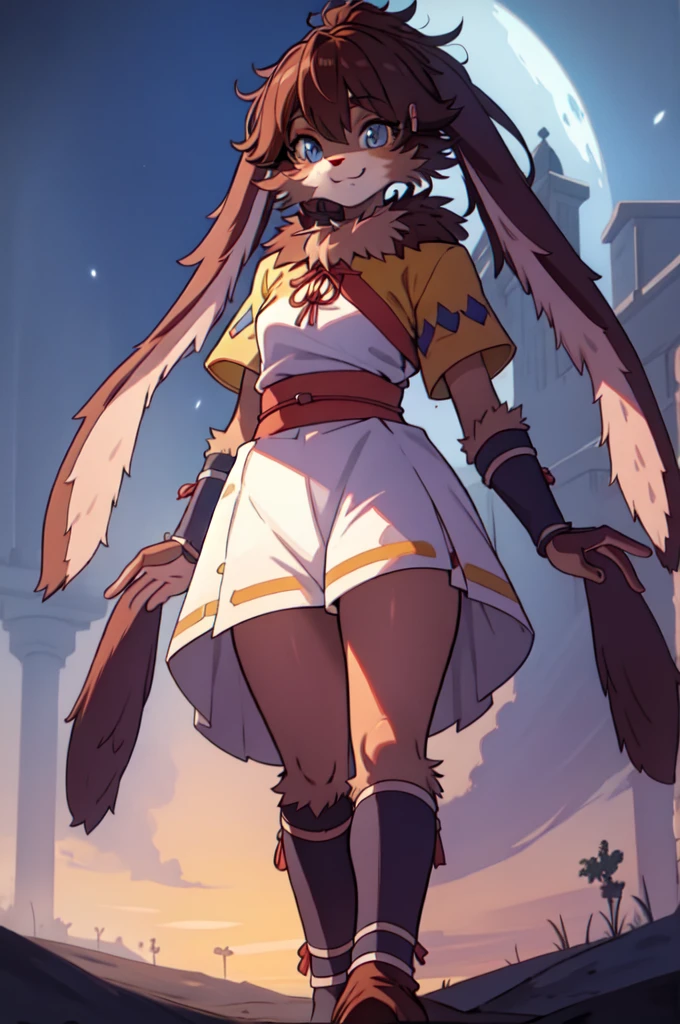 :3 smile, masterpiece, best quality, solo, rabbit, furry, fur, (detailed eyes:0.9), (detailed lighting, detailed shadows, depth of field:0.9), (standing:1.3), lop_outfit, night sky,