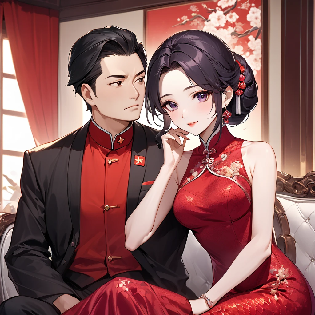 ((Highest quality)), ((masterpiece)), (detailed), (Perfect Face)、The woman is a Chinese woman named Kocho Shinobu.。, Purple gradient bob black hair and formal evening hairstyles. She is wearing an engagement ring. She is a prominent member of the Chinese Communist Party.、She is the honored wife of a great old Communist Party cadre.、The woman is beautifully dressed in a gorgeous and glamorous red mermaid party dress、An elegant Chinese lady in a posh room、A woman is a wonderful Chinese lady who loves and devotes herself to her husband, a good wife and mother, and the supreme joy of serving her husband and China is the absolutism of the Chinese Communist Party.