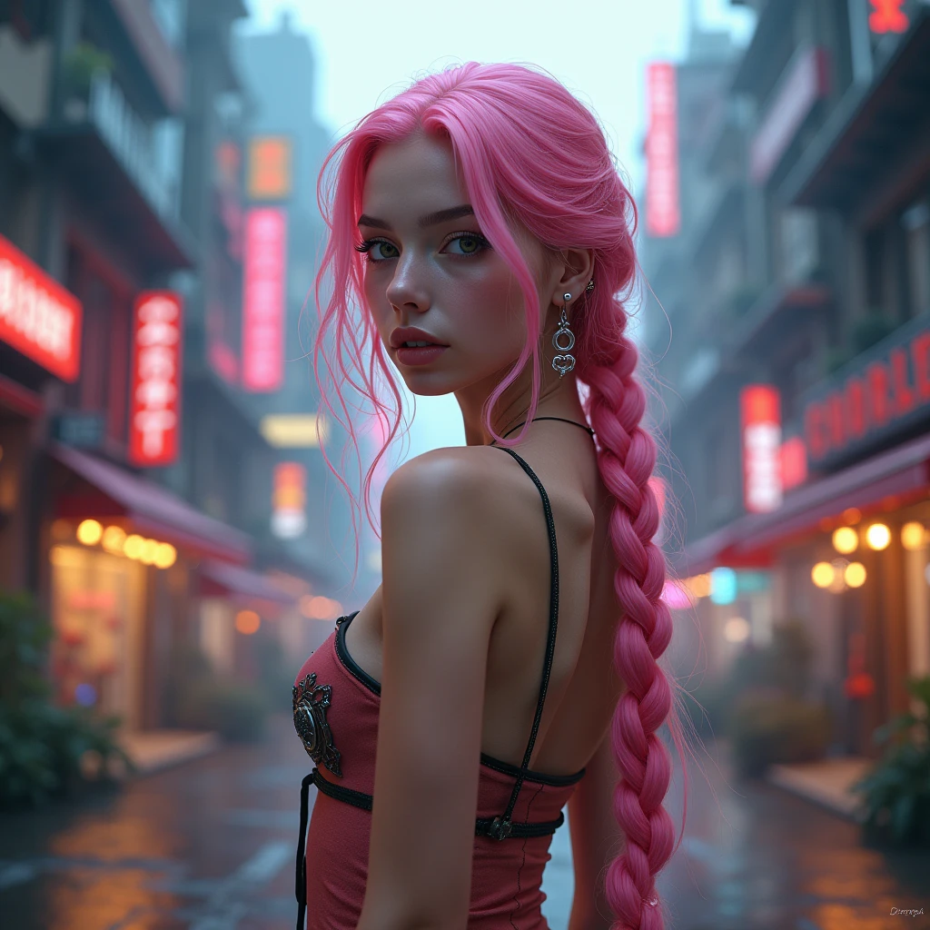 (Realisttic:1.2), analog photo style, Beautiful young woman, posing, long pink hair braided, (cyberpunk dark fantasy atmosphere), soft natural light, cute and sexy, great quality, Masterpiece, detailed strange background, better performance, 16k quality, RAW photo, in a street, cyberpunk street