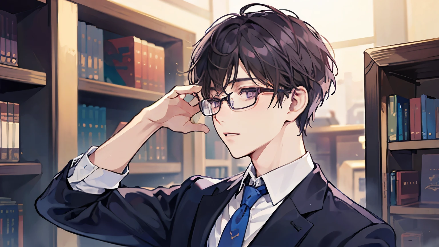 One Man、Rin々Shii、Dark Brown Hair、Short Hair、Purple Eyes、In a suit、Blue tie、The right eye is hidden by bangs、Glasses、Bright library
