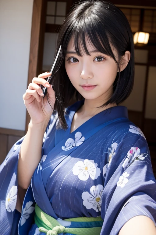 yukata、Selfie、Japanese、Cool face、8k、woman、Black Hair、ロングBlack Hair、20-year-old
