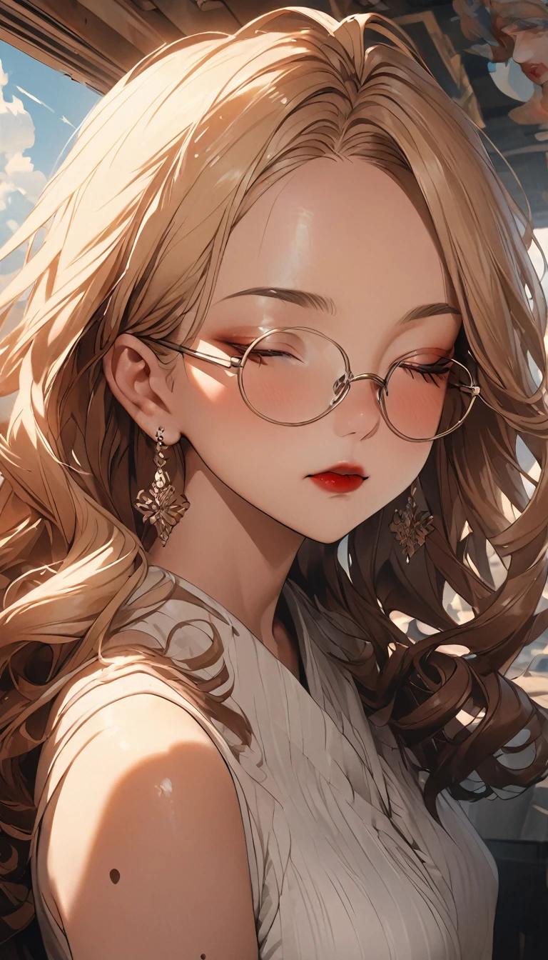 slightly curled hair, Rimless Glasses, Small spots under the corners of the mouth, / Note Lilac Earrings, Mouth slightly closed, Red lips, Surrealism, Attention to detail, Strong chiaroscuro, Film grain, Panorama, Ultra-high resolution, Accurate, Textured skin.