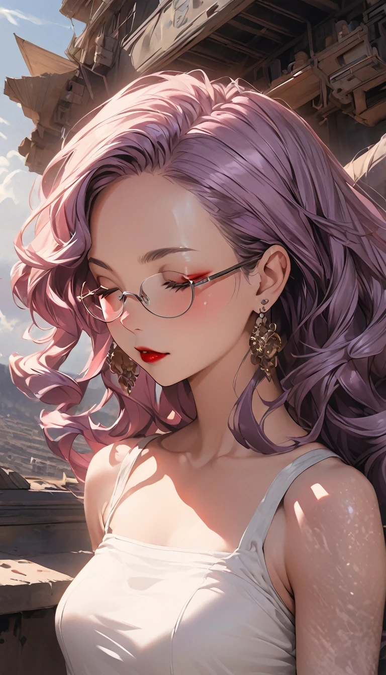 slightly curled hair, Rimless Glasses, Small spots under the corners of the mouth, / Note Lilac Earrings, Mouth slightly closed, Red lips, Surrealism, Attention to detail, Strong chiaroscuro, Film grain, Panorama, Ultra-high resolution, Accurate, Textured skin.