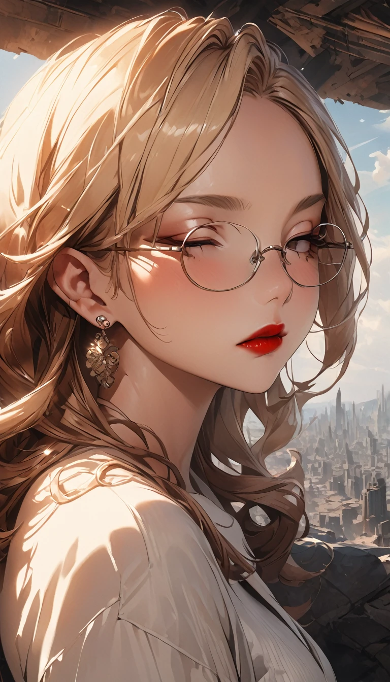 slightly curled hair, Rimless Glasses, Small spots under the corners of the mouth, / Note Lilac Earrings, Mouth slightly closed, Red lips, Surrealism, Attention to detail, Strong chiaroscuro, Film grain, Panorama, Ultra-high resolution, Accurate, Textured skin.