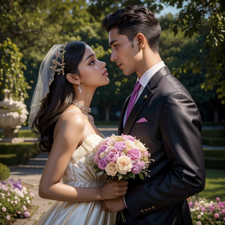 (masterpiece, best quality:1.5), highest quality, High resolution, super detailed, Realists, Upper body photo of a black flower girl (dark skin) and a boy in a suit, detailed and beautiful eyes, beautiful detailed lips, very detailed eyes and face, longeyelashes, Young girl in short pink dress made of shiny satin fabric, Beautiful and colorful makeup, elegant and noble々Pose,shiny satin headband, grind, Holding flowers, Gardens as background, soft daylight, bright colors, fine brushstrokes, Portrait style, Noble details in the dress fabric, beautiful color palette, glowing skin, First-class rendering, that captures every detail, enchanting atmosphere, subtle shadows and lights, (perfect anatomy:1.2), (The stunning flower girl is in love with a boy in a suit. Exchanging glances. First kiss. (magnificent panorama view:1.2)