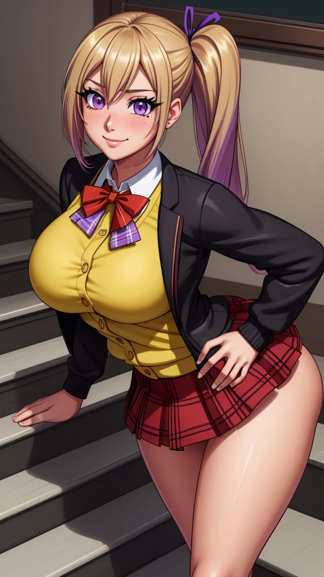 ((mesa, Best Quality, High resolution, NffSW, pixel perfect, 4k, NffSW, NffSW))), 1 girl in, single, from Kawakami, Blonde hair, hair ribbon, long hair, mole, mole under eye, ribbon, side ponytail, (purple eyes:1.2) Alone, beauty、full body seen、dark skin, ((Beautiful eyelashes, realistic eyes)), ((detailed face, blush:1.2)), ((Smooth texture:0.75, realistic texture:0.65, photorealistic:1.1, cg anime style)), big breasts, dynamic angle, perfect body, ((red bow tie, School uniform, black jacket, open jacket, brown cardigan, yellow shirt, black skirt, plaid skirts)), city staircase、Looking up from the bottom of the stairs.、Very embarrassing panic smile., turned around、bending forward、Touch the buttocks with both hands、round butt tits, perfect curves.