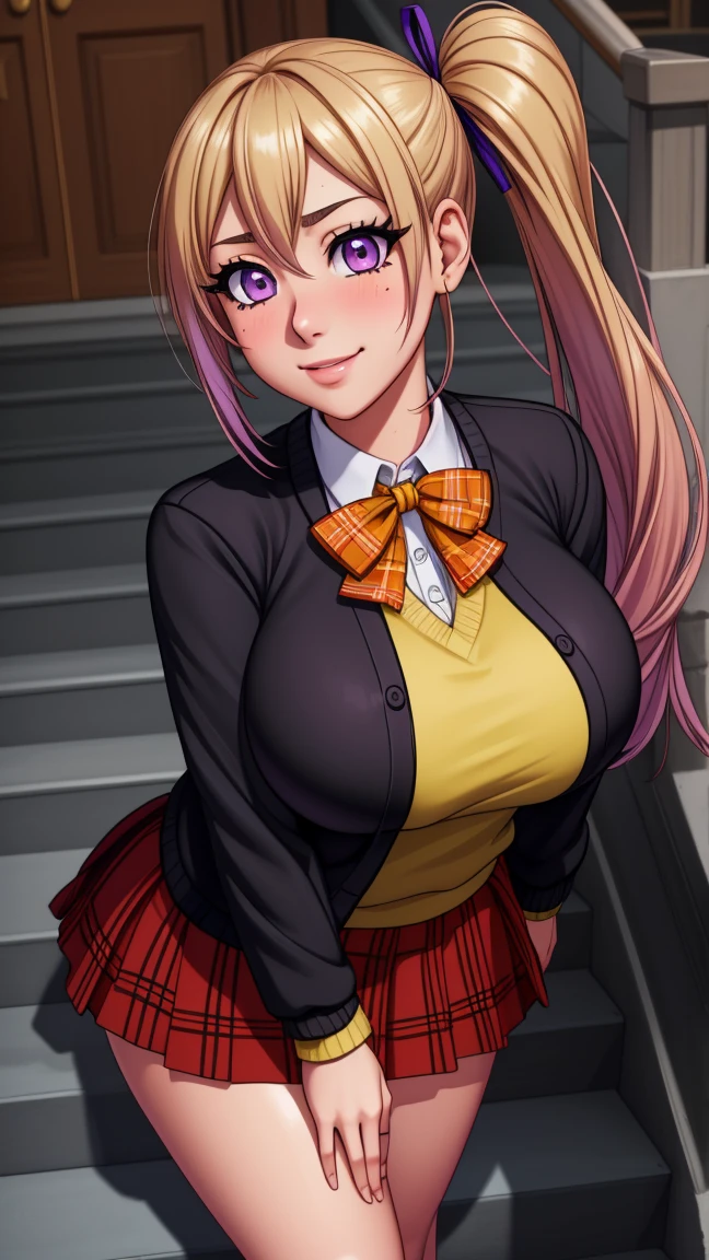 ((mesa, Best Quality, High resolution, NffSW, pixel perfect, 4k, NffSW, NffSW))), 1 girl in, single, from Kawakami, Blonde hair, hair ribbon, long hair, mole, mole under eye, ribbon, side ponytail, (purple eyes:1.2) Alone, beauty、full body seen、dark skin, ((Beautiful eyelashes, realistic eyes)), ((detailed face, blush:1.2)), ((Smooth texture:0.75, realistic texture:0.65, photorealistic:1.1, cg anime style)), big breasts, dynamic angle, perfect body, ((red bow tie, School uniform, black jacket, open jacket, brown cardigan, yellow shirt, black skirt, plaid skirts)), city staircase、Looking up from the bottom of the stairs.、Very embarrassing panic smile., turned around、bending forward、Touch the buttocks with both hands、round butt tits, perfect curves.