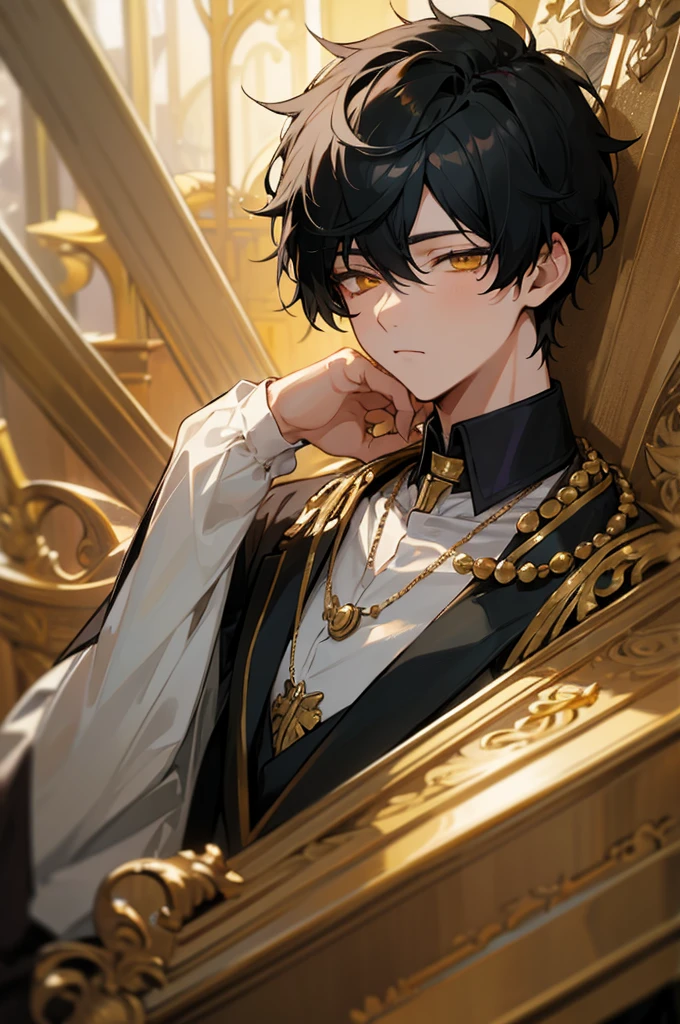 ((best quality)), ((masterpiece)), (detailed), 1boy, black hair, golden eyes, highschool uniform, sleepy, necklace