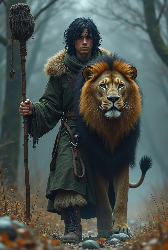 A young black hair druid with a wood simple club rinding a lion in a cold forest