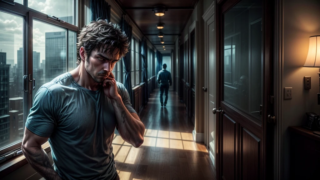 Pacing by the Window: Jason paces back and forth in front of a large window, his figure bathed in a soft, blue light. The cityscape outside is dark, only faintly illuminated by streetlights. His face is tense with frustration as he tries to clear his mind and strategize his next move, the blue hue reflecting his turbulent emotions.

undefined, undefined, undefined, undefined, undefined, undefined, 