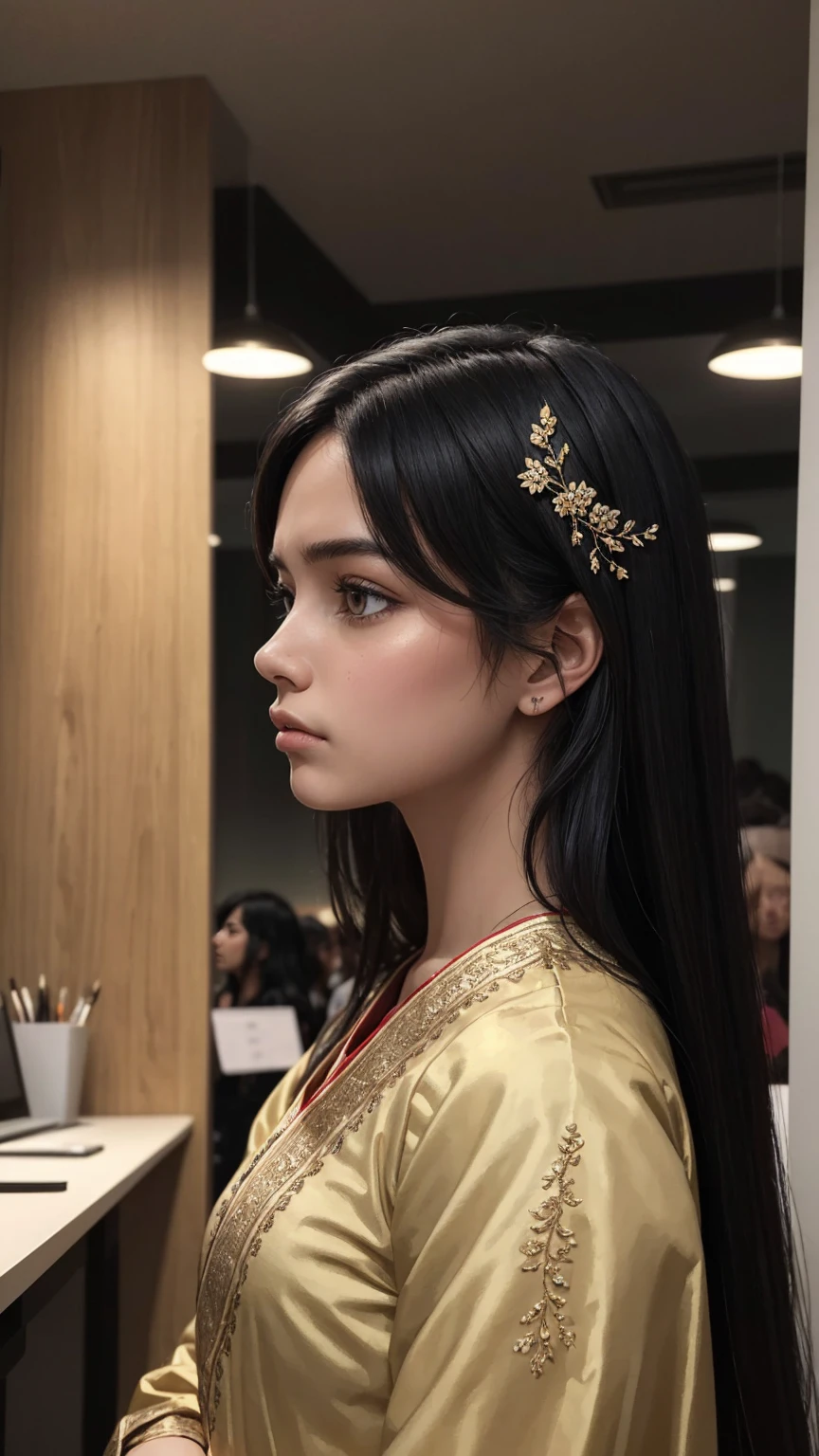 ((best quality)), ((masterpiece)), (detailed), A close-up digital illustration of a long black haired young woman in traditional Indian dress standing alone in a corner at an office event while others celebrate in the background. She looks sad and lost in thought.