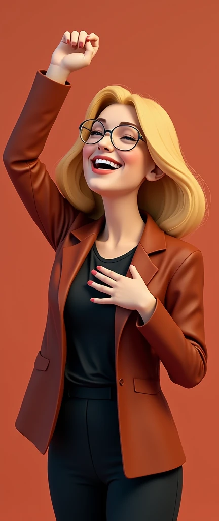 ((best quality)), ((masterpiece)), (detailed), perfect face chubby woman, white, Wearing clear frame glasses, medium length dark blonde hair, with a wide smile on your face. Wearing black clothing with a terracotta blazer. Raising the left arm as a symbol of resistance and the right hand over the heart as a sign of respect. Not CARTOON PIXAR style