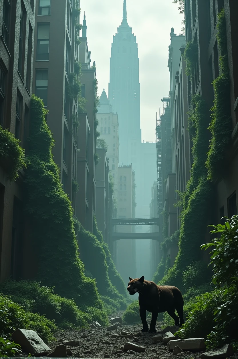 Large format 8k quality photo of teared down arkham city, destoyed by deadly poisonous ivy vines and plants looking like panthers, dystopic cinematic lighting, shot on ARRI ALEXA 65 with 50mm lens