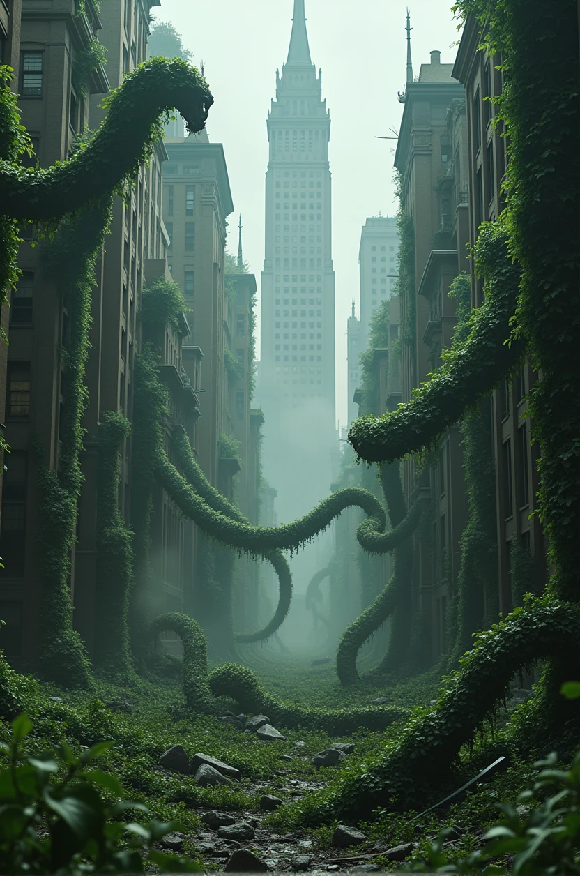 Large format 8k quality photo of teared down arkham city, destoyed by deadly poisonous ivy vines and plants looking like panthers, dystopic cinematic lighting, shot on ARRI ALEXA 65 with 50mm lens