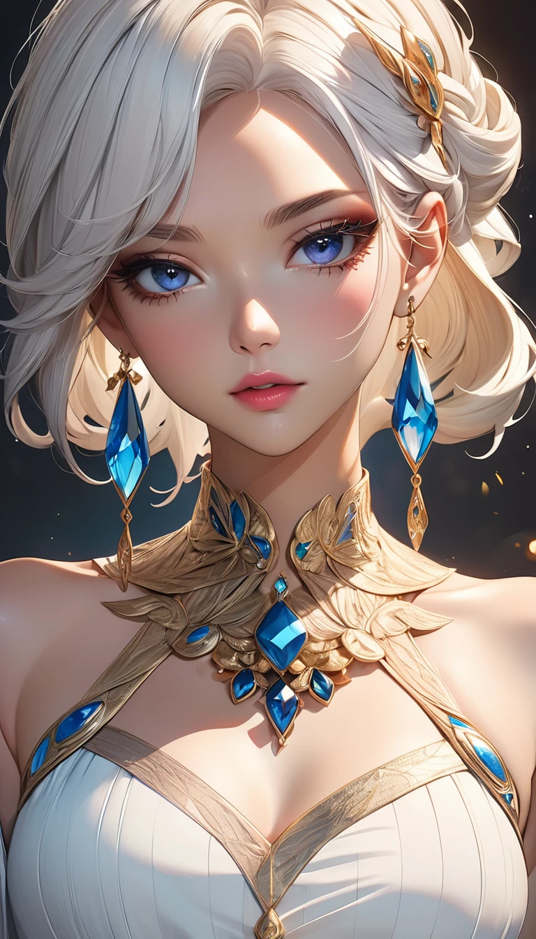 Woman beauty, manhwa style, a lot of details, good detailing, beautiful makeup, jewelry, crystal and precious stone jewelry, anime eyelashes, full lips, serene expression, cover manga, stylish looks, full view, various light sources, hairstyle, white hair, premium, textured, aesthetic, ArtStation, trending on ArtStation, colorful.