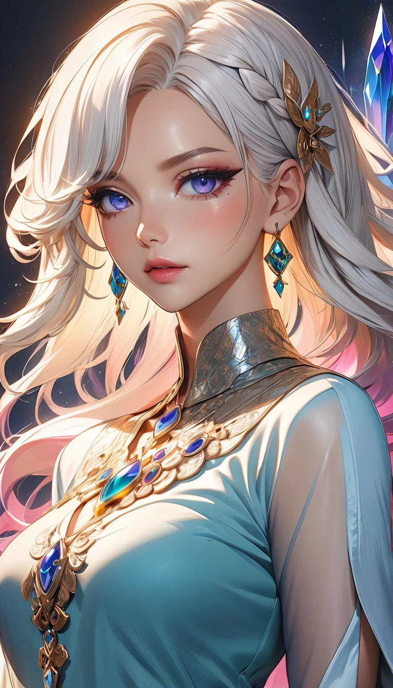 Beautiful woman, white hair, blue eyes, natural perfect breast, ((cleavage)), highly detailed, (fantasy background),, vintage, dark fantasy,, closeup portrait,,