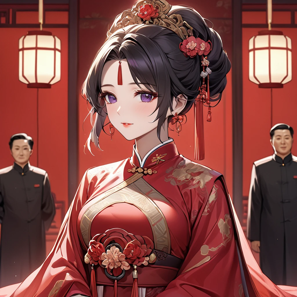 ((Highest quality)), ((masterpiece)), (detailed), (Perfect Face)、The woman is a Chinese woman named Kocho Shinobu.。, Purple gradient bob black hair and formal evening hairstyles. She is wearing an engagement ring. She is a prominent member of the Chinese Communist Party.、She is the honored wife of a great old Communist Party cadre.、A woman is beautifully dressed in a luxurious and gorgeous red ancient Chinese empress costume in ancient Chinese court attire、An elegant Chinese lady in a posh room、A woman is a wonderful Chinese lady who loves and devotes herself to her husband, a good wife and mother, and the supreme joy of serving her husband and China is the absolutism of the Chinese Communist Party.