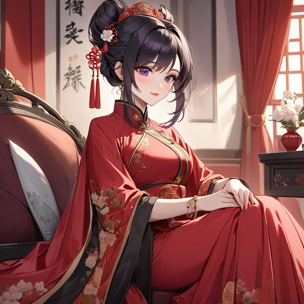 ((Highest quality)), ((masterpiece)), (detailed), (Perfect Face)、The woman is a Chinese woman named Kocho Shinobu.。, Purple gradient bob black hair and formal evening hairstyles. She is wearing an engagement ring. She is a prominent member of the Chinese Communist Party.、She is the honored wife of a great old Communist Party cadre.、A woman is beautifully dressed in a luxurious and gorgeous red ancient Chinese empress costume in ancient Chinese court attire、An elegant Chinese lady in a posh room、A woman is a wonderful Chinese lady who loves and devotes herself to her husband, a good wife and mother, and the supreme joy of serving her husband and China is the absolutism of the Chinese Communist Party.