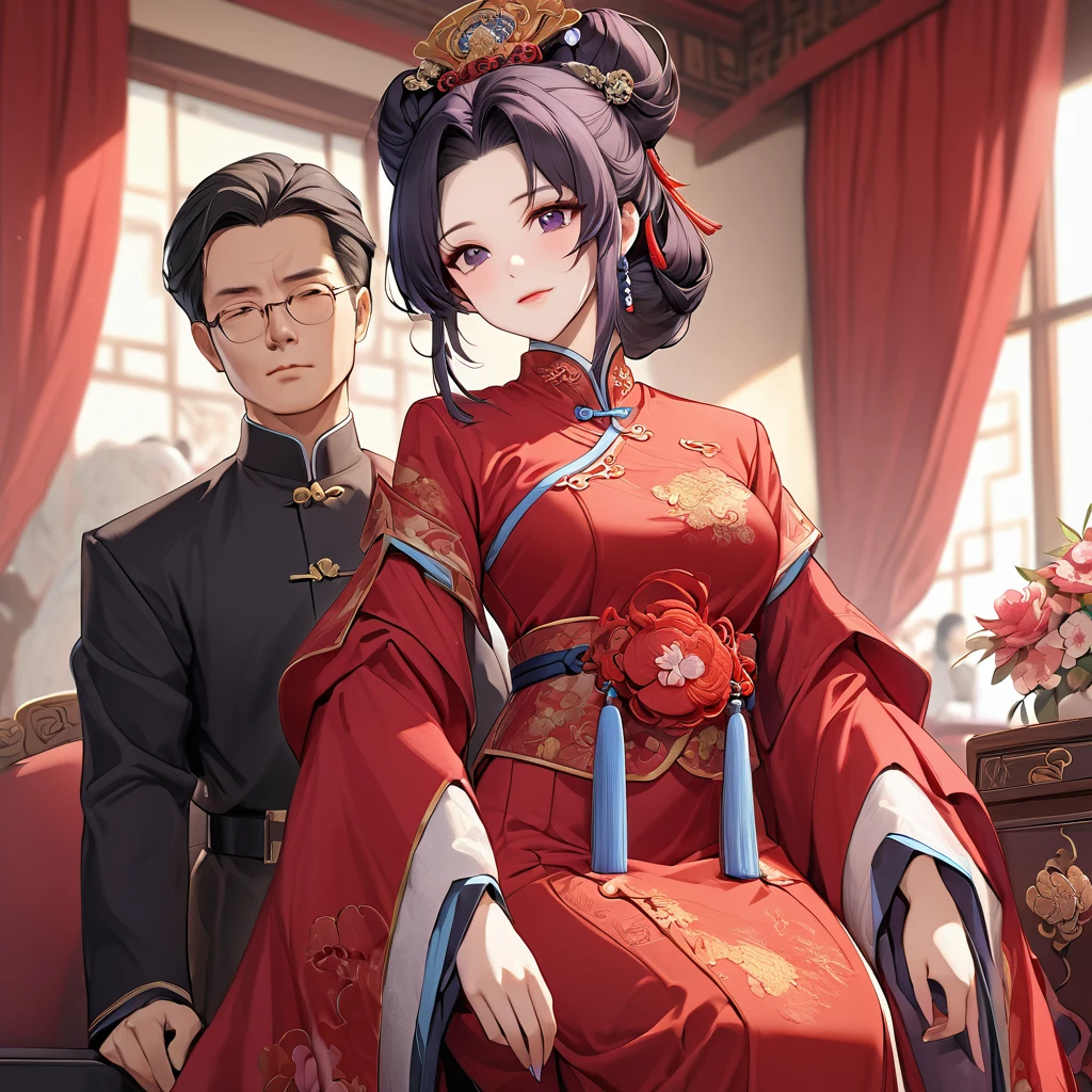 ((Highest quality)), ((masterpiece)), (detailed), (Perfect Face)、The woman is a Chinese woman named Kocho Shinobu.。, Purple gradient bob black hair and formal evening hairstyles. She is wearing an engagement ring. She is a prominent member of the Chinese Communist Party.、She is the honored wife of a great old Communist Party cadre.、A woman is beautifully dressed in a luxurious and gorgeous red ancient Chinese empress costume in ancient Chinese court attire、An elegant Chinese lady in a posh room、A woman is a wonderful Chinese lady who loves and devotes herself to her husband, a good wife and mother, and the supreme joy of serving her husband and China is the absolutism of the Chinese Communist Party.