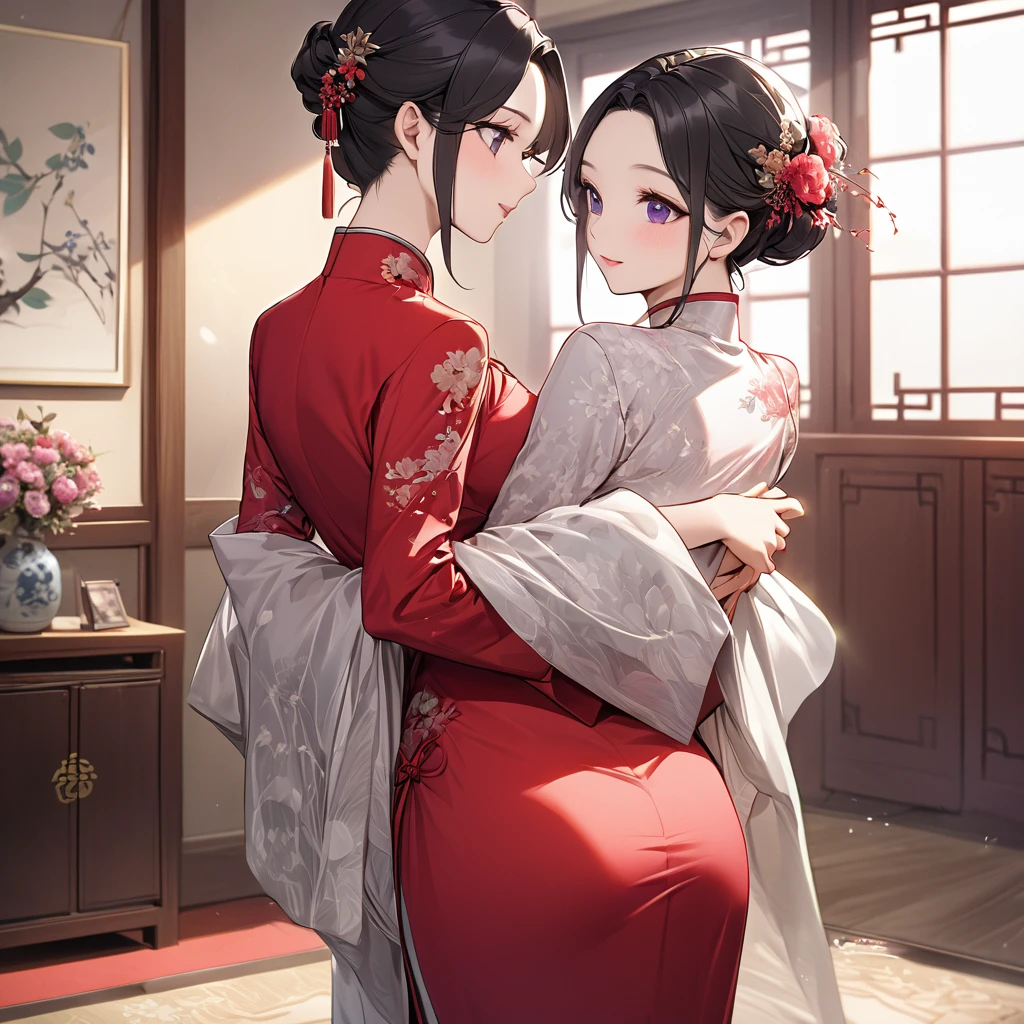 ((Highest quality)), ((masterpiece)), (detailed), (Perfect Face)、The woman is a Chinese woman named Kocho Shinobu.。, Purple gradient bob black hair and formal evening hairstyles. 彼Women are婚約指輪をはめている. 彼Women are権威ある中国共産党員であり、She is the honored wife of a great old Communist Party cadre.、The woman is beautifully dressed in a gorgeous and glamorous vintage red cheongsam, typical of the Chinese Communist Party.、An elegant Chinese lady in a posh room、Women are夫を愛して尽くす良妻賢母の素晴らしい中国人貴婦人で夫と中国に尽くす事が至上の喜びの中国共産党絶対主義、Women are8児の母で愛する共産党員の夫との間に生まれた多くの子供たちに寄り添われて囲まれている幸せな大家族の一家団欒でWomen are9She is carrying a child inside her