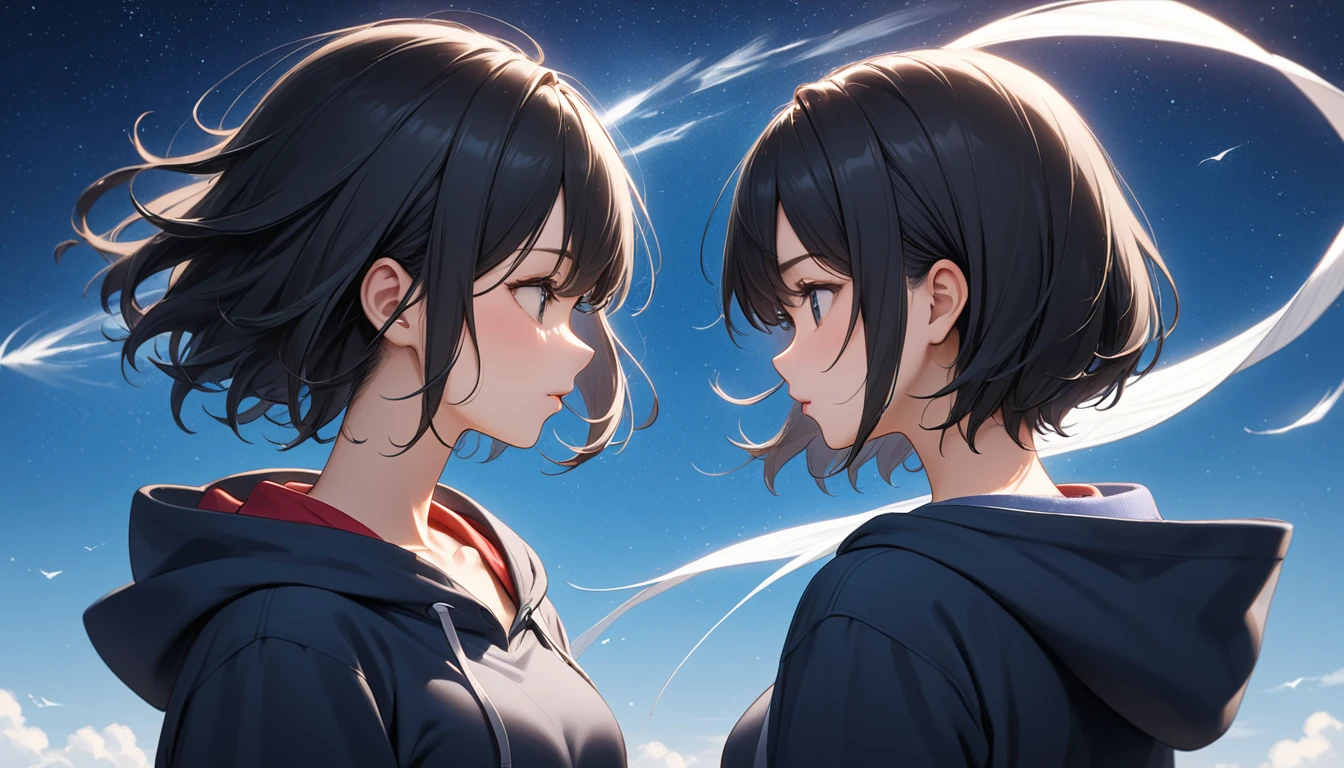 Starry Sky、One woman、Black Hair、Short Hair、Hair blowing in the wind、profile、Wearing a hoodie、Back view、Full body portrait