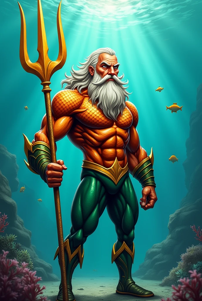 Aquaman the Atlantean": Shot with a Canon EOS R5 and a 70-200mm lens, This MAD magazine-style caricature features Aquaman with exaggerated features. He wears his iconic costume and has a regal expression, with a giant and huge trident in his hand. Your eyes are determined and focused, and your body is muscular and ready for action. The background features an underwater landscape, with fish and sea creatures. The image conveys a sense of power, majesty and aquatic life. camera settings: f/2.8, ISO 800, 1/250s. 
