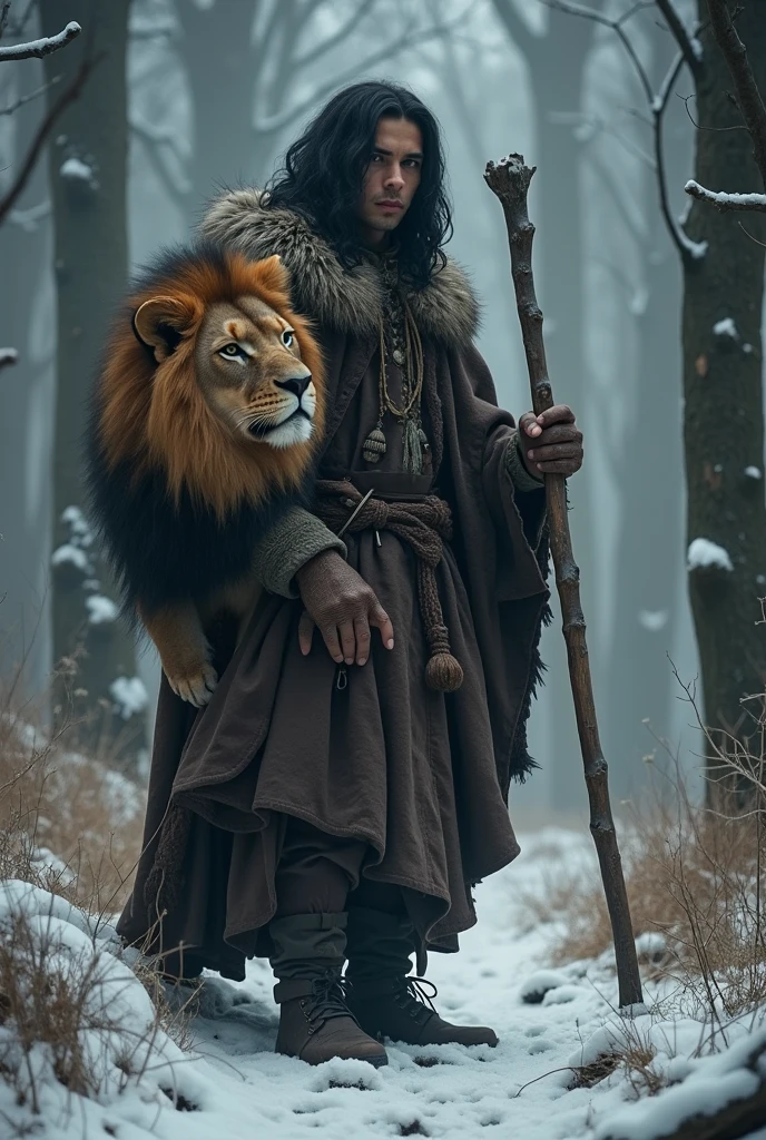 A young  black hair druid with a wood simple club with a lion on his side in a cold forest

