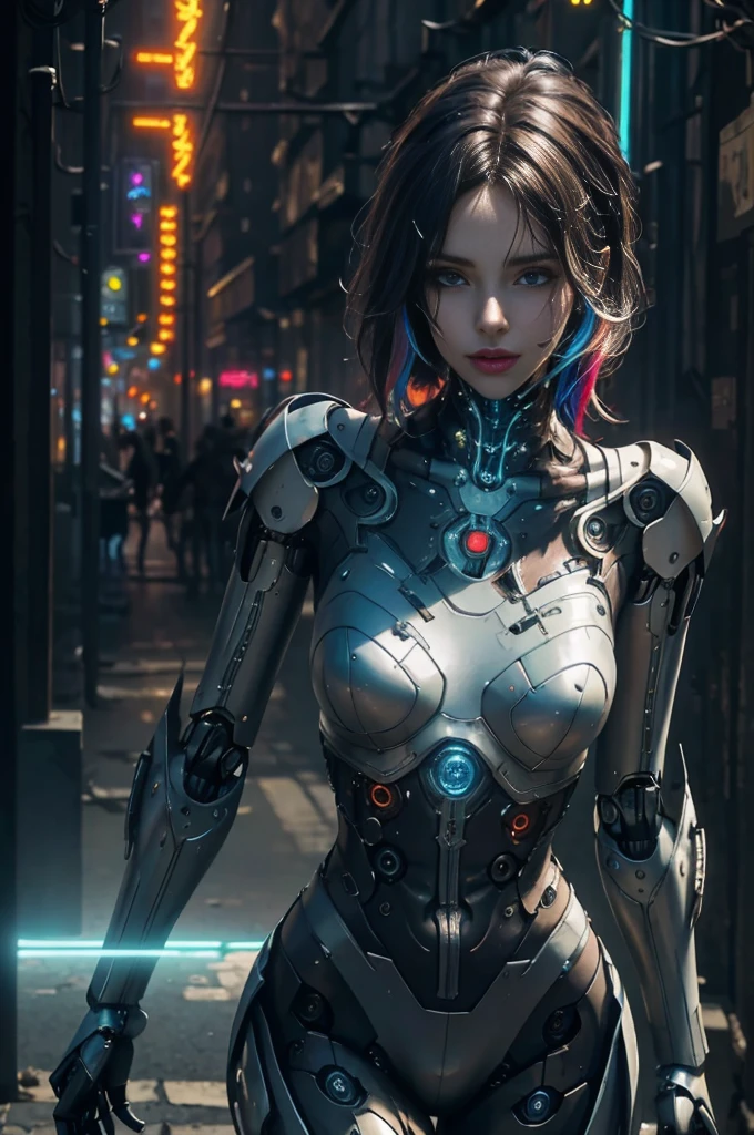 (realistic:1.4) Image of a cyberpunk robot girl, (top quality, 8k, 32K, masterpiece) , (dynamic pose), ((facing the camera)), cowboy shot, sloppy hair, colorful hair, Gorgeous cyberpunk fashion wear, ,Depth of field F/1.3, cyberpunk city background, movie lights.