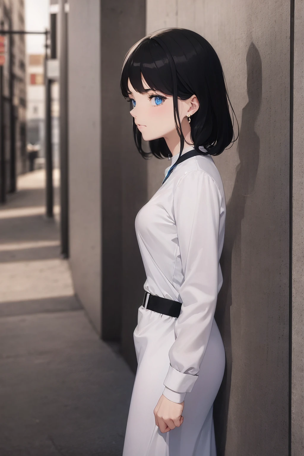 1 female, Black Hair, Blue Eyes, Delicate face, cute, Love Earrings, White Dress, Standing in front of the police station, Surreal