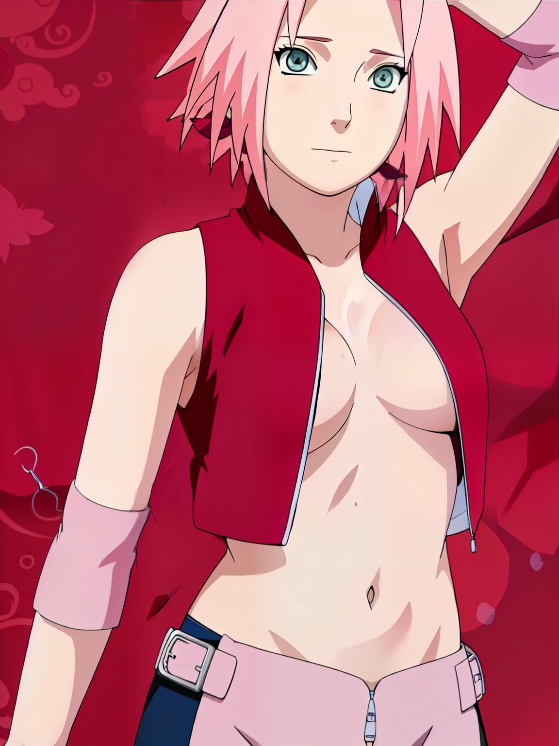 Sakura Haruno showing bra showing armpit open blouse open zipper ripped blouse open shirt ripped shirt showing sexy chest and belly.
