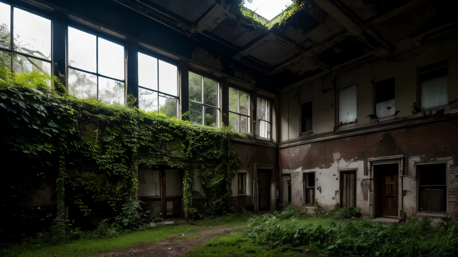 An old and dirty psychiatric clinic, with broken windows and overgrown vegetation, illuminated by a faint and mysterious light.