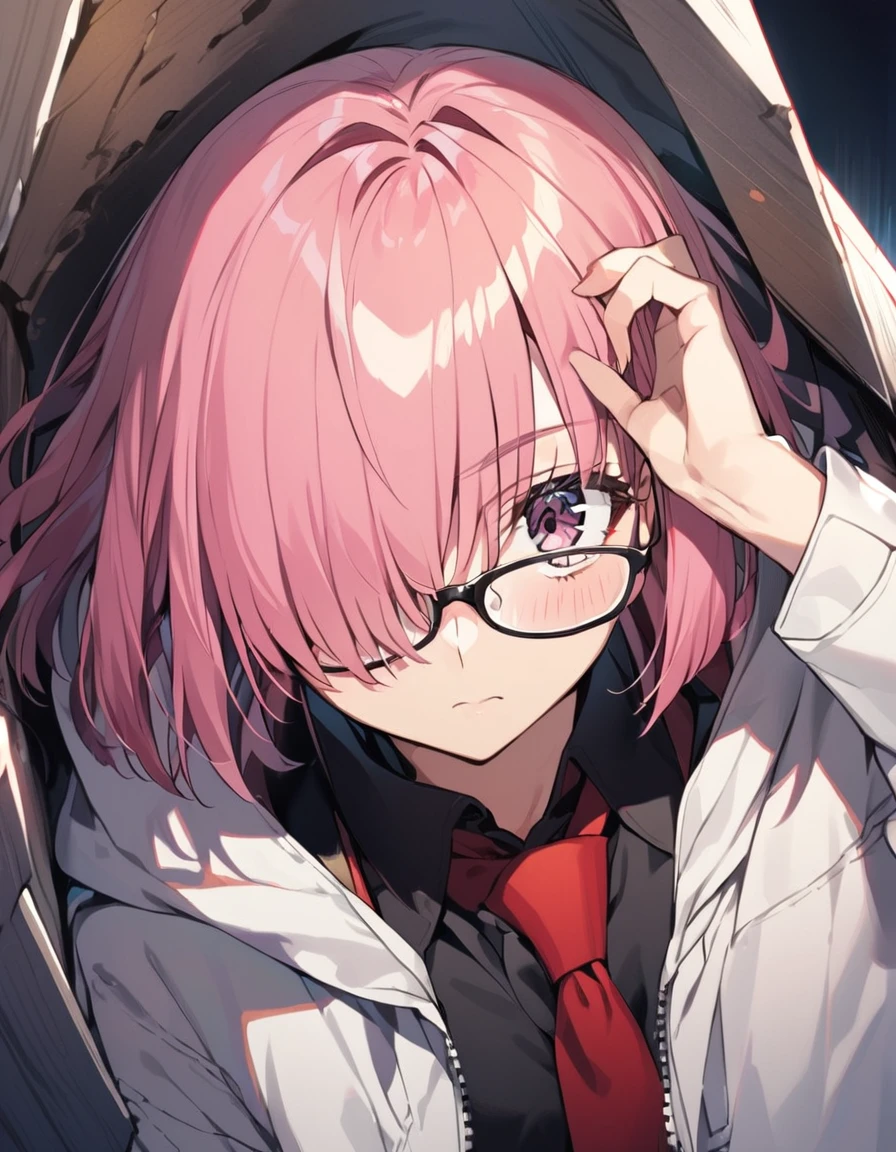 1girl(fate grand order, mash, hiding one eye, pink short hair, glasses, black uniform, red necktie, white parka)