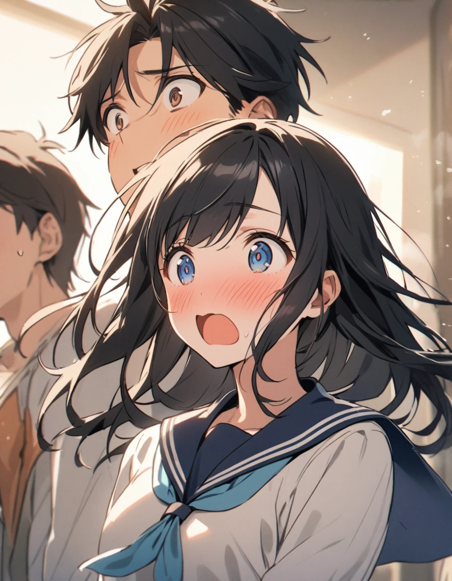 Front view、Black Hair、Bangs rising、The wind blows from the front、Forehead、Sailor suit、Upper Body、Surprised、Eyes Wide Open、Blushing、Surprise、fall in love,shy,