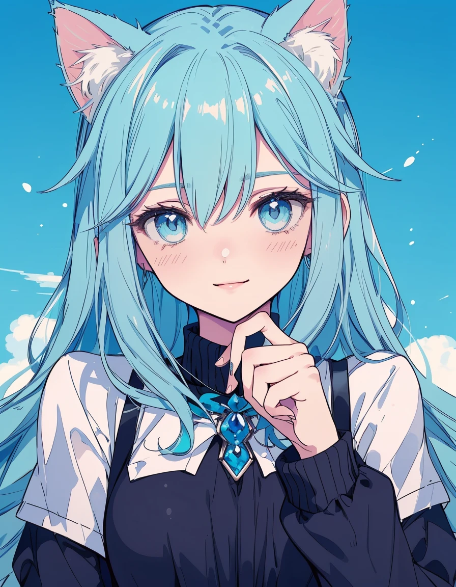 flame, blue flame, magic, smile, ((masterpiece, best quality:1.5)), ((Beautiful detailed cat aqua eyes:1.2)), cat ears, pale skin, medium breasts, beautiful hands, beautiful fingers, EasyNegative