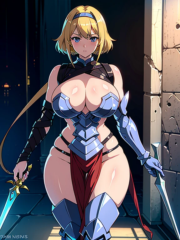 The character, depicted in a dynamic pose, wields a sword and shield, suggesting a warrior or fighter. She has blonde hair, blue eyes, and wears armor reminiscent of fantasy and mythology, common in many games and stories. Exaggerated and voluptuous features distinguish her, including a curvy silhouette, wide hips, thick thighs, and plump, large breasts. Towering at 188cm, she boasts hyper-realistic, saggy breasts and an intricately designed breastplate. The FFXIV art style is evident, reflecting the impact of social media and online platforms on perceptions of body size and shape. The artwork is highly detailed, vibrant, and focuses on the character's physique and the elaborate environment. With big boobs and a full body, it has gained popularity on ArtStation and CGSociety. Notably, the sharp focus showcases Leina or Reina Vance, possibly associated with Queen Blade or Queen Blade Unlimited and the Gigantic Breast trend. Her blonde hair flows long and free, completing her striking appearance as Queen Marika. She has a history of fashion and its impact on perceptions of breast size, as they are 188cm.