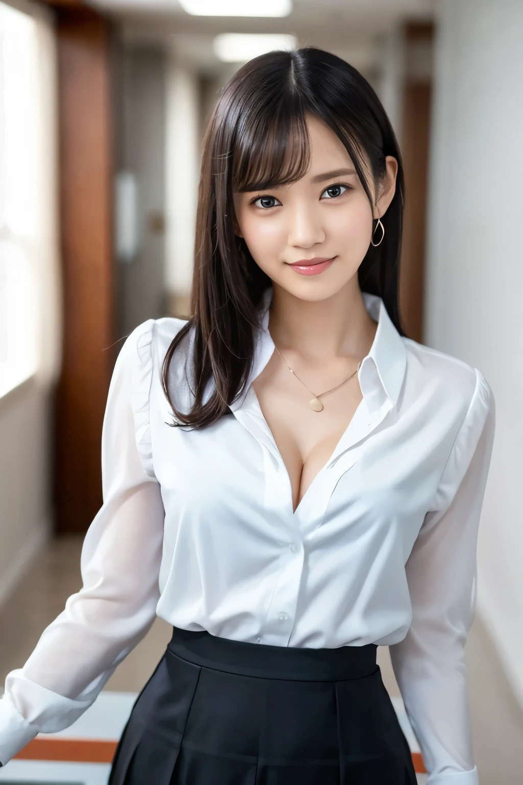 (Highest quality、Tabletop、8k、Best image quality、Award-winning works)、1 Beauty, very cute, Great face and eyes, (Beautiful lovely smile), (Highly detailed beautiful face), Bright and shiny lips, Look at me、(Black tight mini skirt:1.1)、(Close-up of face:1.3)、(White polyester open office blouse:1.3)、(Small cleavage:1.1)、 Accentuate your body lines、Slender body、Cinema Lighting、(Standing in a stylish and beautiful modern office corridor:1.2)、(Strongly blurred background:1.2)、(Romantic lighting for epic films:1.1)、(Accurate anatomy:1.1)、(Very light skin:1.2)、