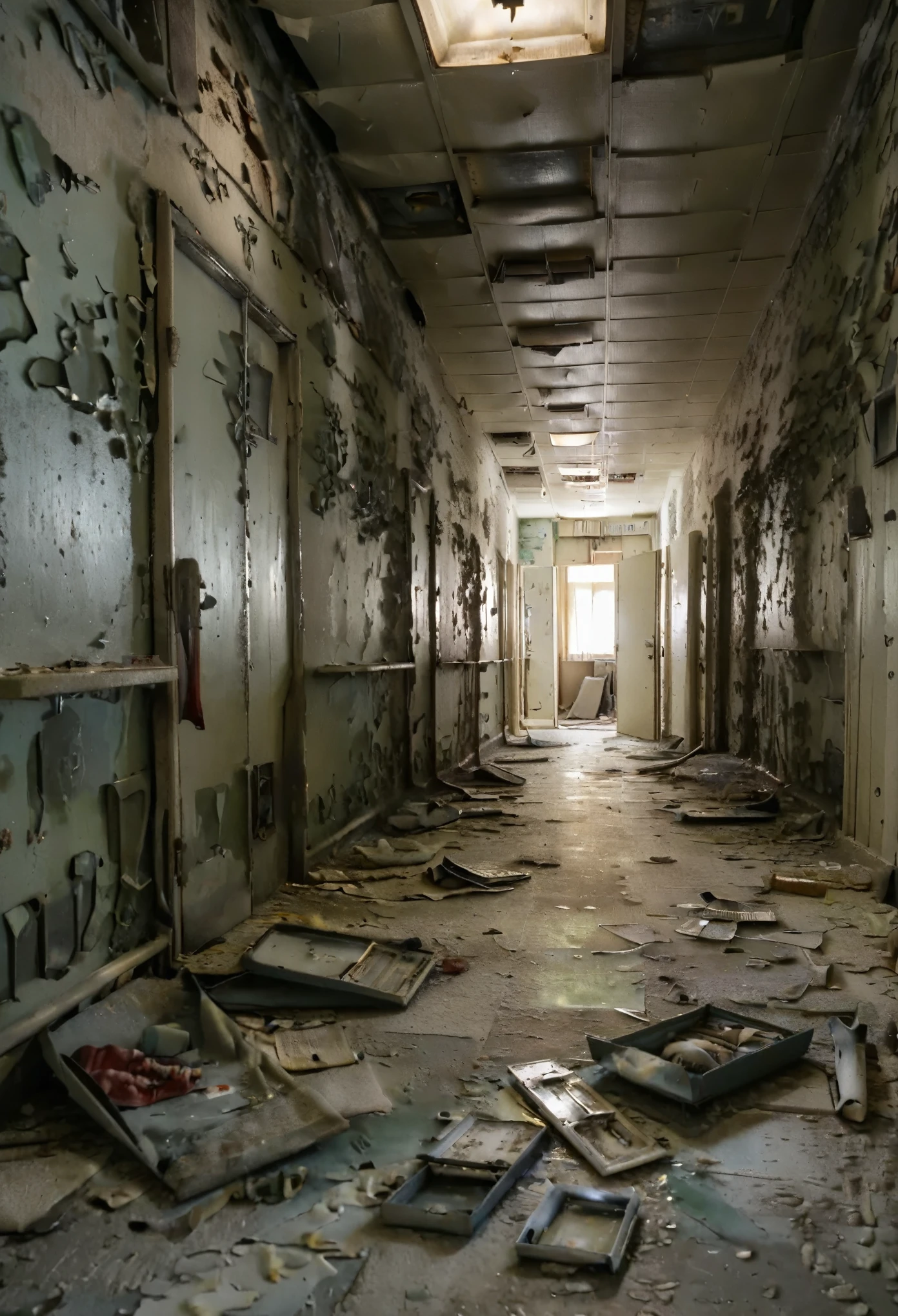 Gloomy and dark corridors. The place is dirty and in bad condition. The walls are dilapidated and infested with mold. There are holes in the ground, in the walls and ceiling. There are several metal doors in the hallway. Several broken medical devices lie scattered on the floor. the place is deserted. The atmosphere is dark and nocturnal