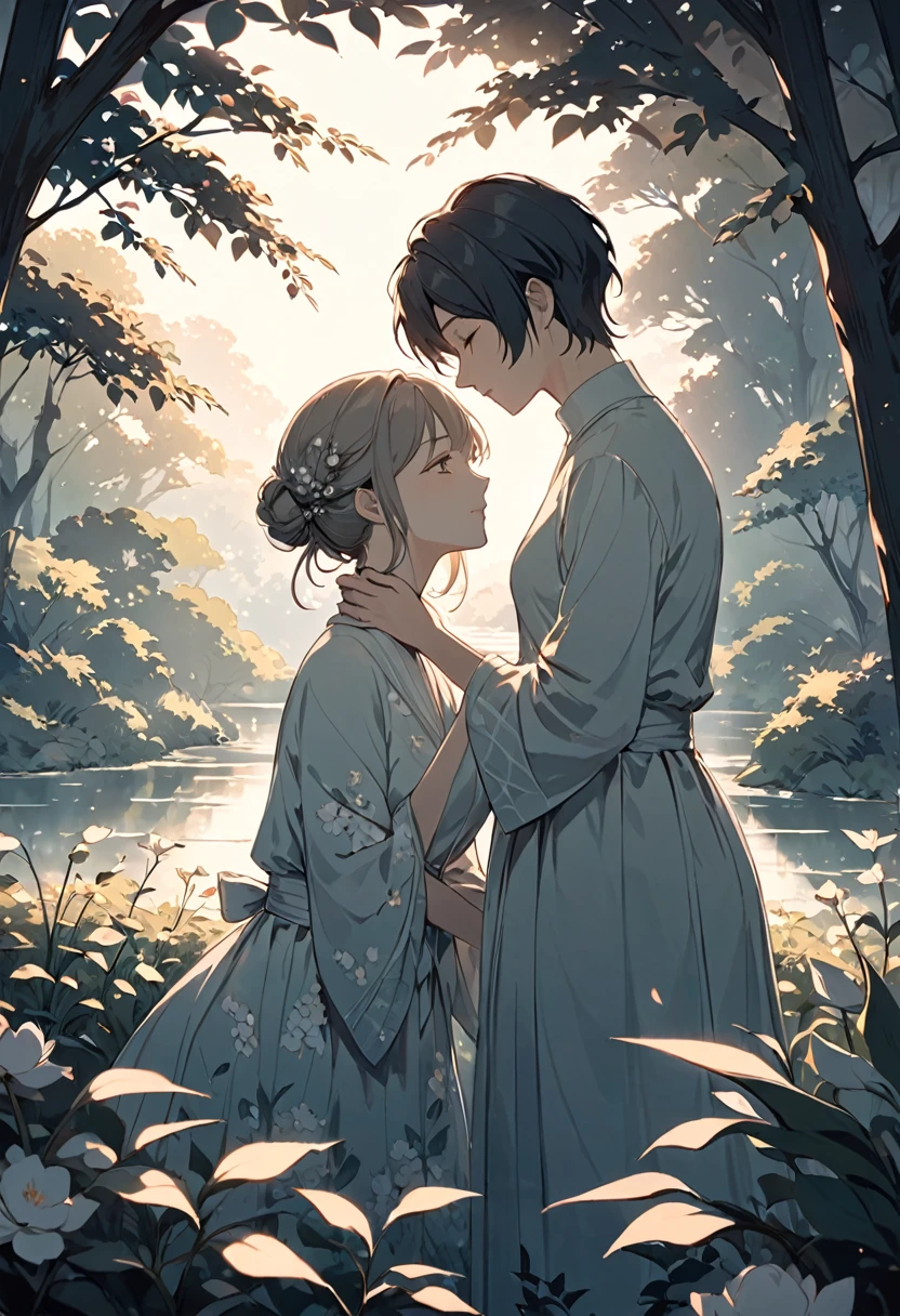 Create a 2D illustration capturing the essence of 'Love in Silence.' Depict two figures, their emotions conveyed through subtle gestures and soft, muted colors. The scene should evoke a quiet, intimate moment where words are unnecessary—perhaps a gentle touch, a shared glance, or a serene setting like a moonlit night or a peaceful garden. Use light and shadow to emphasize the depth of their connection, highlighting the beauty and tranquility of love that thrives in silence