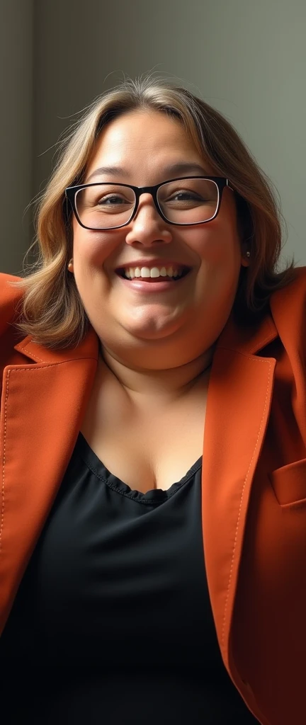 ((best quality)), ((masterpiece)), (detailed), perfect face chubby woman, weighing 100kg, with 1,67m high, white, Wearing clear frame glasses, medium length dark blonde hair, with a wide smile on your face, eyes open. Wearing black clothing with a terracotta blazer. Raising the left arm as a symbol of resistance and the right hand over the heart as a sign of respect. Not CARTOON PIXAR style