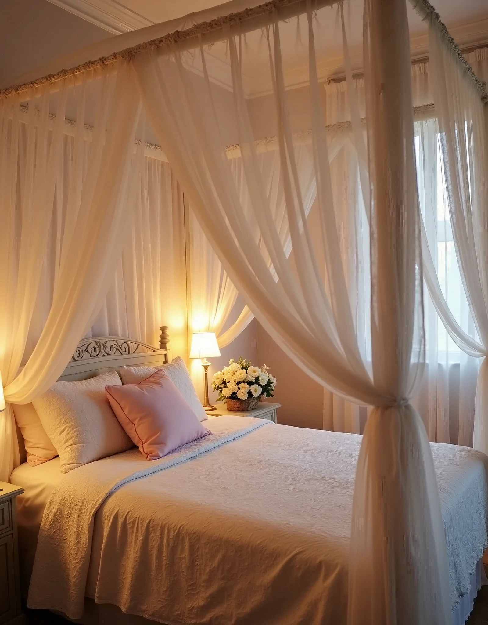 A romantic bedroom with a canopy bed draped in white lace curtains. The bed is adorned with soft, pastel-colored pillows and a white lace bedspread. The room is illuminated by the soft glow of candlelight, creating a warm and inviting atmosphere. Fresh flowers are arranged on the bedside table.
