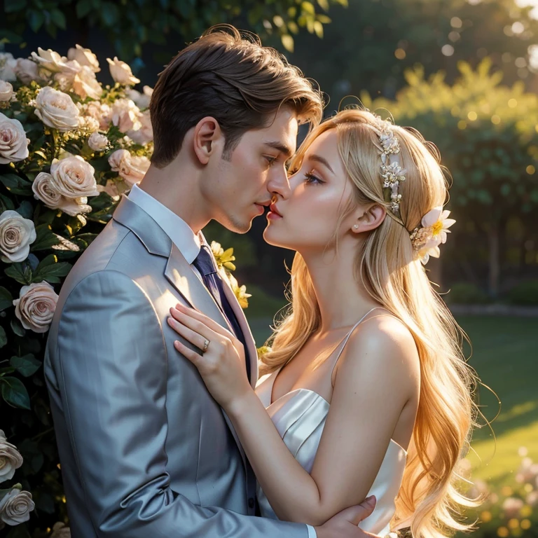 (masterpiece, best quality:1.5), highest quality, High resolution, super detailed, Realists, Upper body photo of a blonde flower girl and a boy in a suit, detailed and beautiful eyes, beautiful detailed lips, very detailed eyes and face, longeyelashes, Young girl in a short light blue dress made of shiny satin fabric, Beautiful and colorful makeup, elegant and noble々Pose,shiny satin headband, grind, Holding flowers, Gardens as background, soft daylight, bright colors, fine brushstrokes, Portrait style, Noble details in the dress fabric, beautiful color palette, glowing skin, First-class rendering, that captures every detail, enchanting atmosphere, subtle shadows and lights, (perfect anatomy:1.2), (The stunning flower girl is in love with a boy in a suit. Exchanging glances. First kiss. (magnificent panorama view:1.2)