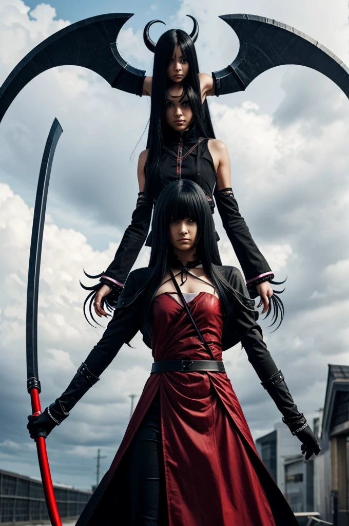 Create a half-demon human with anime scythe arms