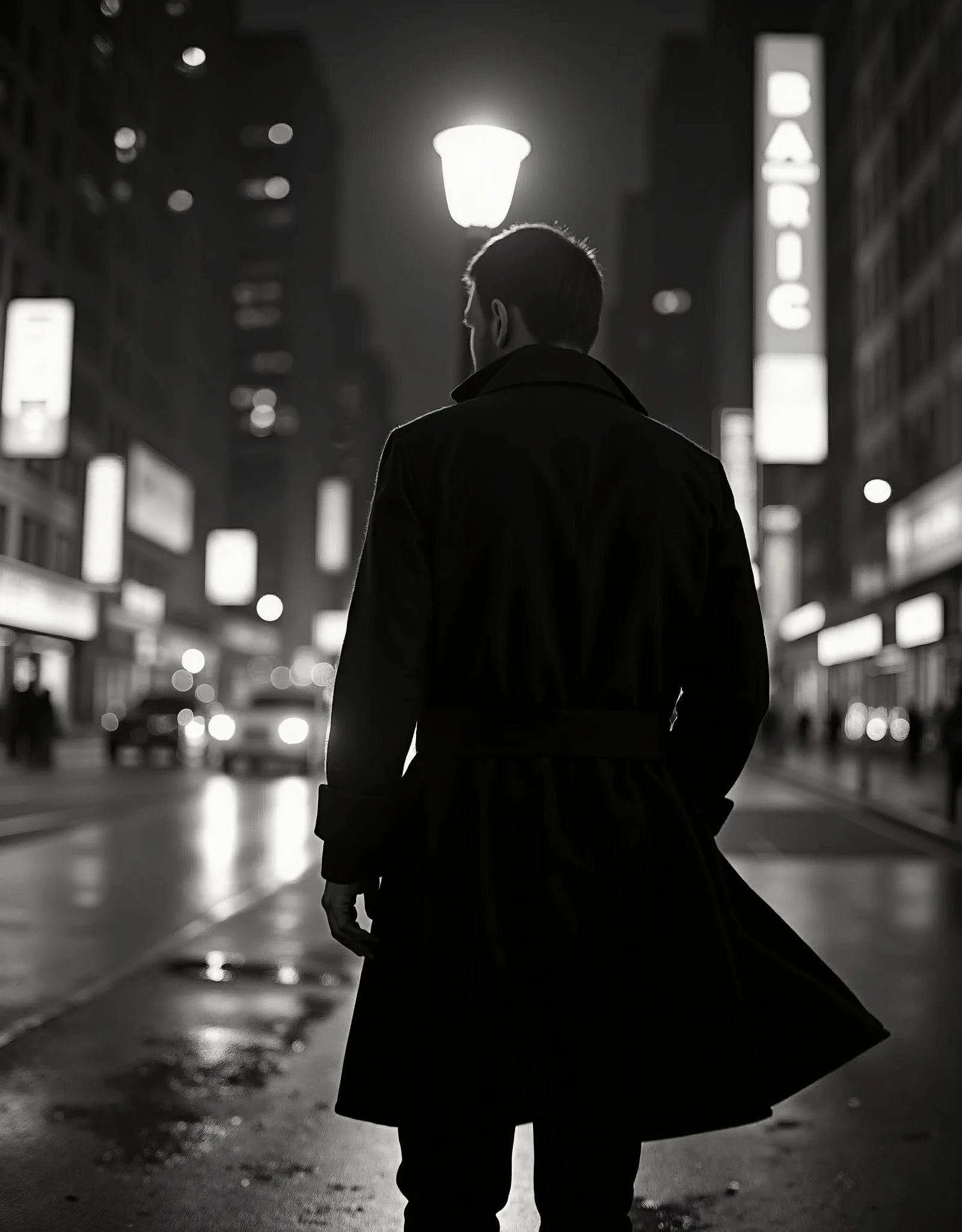 In a monochrome world. The background is New York City's Manhattan, a nighttime street scene. Light spills from the windows of high-rise buildings and neon signs illuminate the streets, reflecting off the wet pavement. A figure in a black trench coat stands under a streetlight, the coat's hem fluttering in the wind. The trench coat is from the renowned brand Burberry, made of a wool and cashmere blend. The scene is mysterious and dramatic, reminiscent of a noir film.
